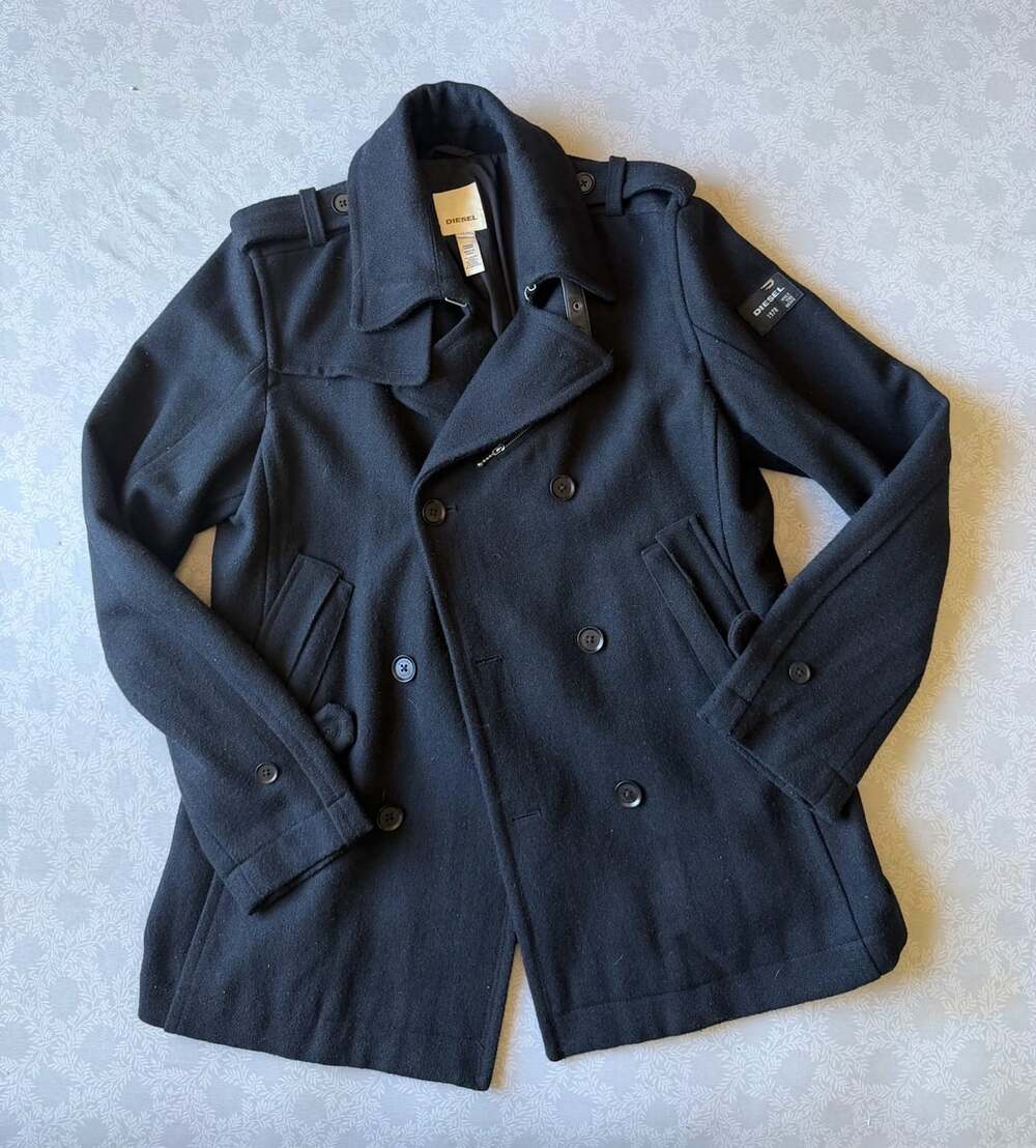 Diesel Archive Men's Black Wool Peacoat Jacket Size XXL Lamb Leather